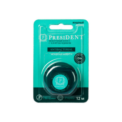 Зуб.нить President Antibacterial с хлоргексидином 12м арт.203