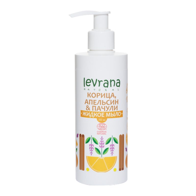 Levrana Жидкое мыло «Корица, апельсин и пачули», 250 мл. ECOCERT COSMOS NATURAL