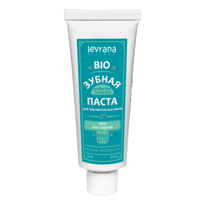 Levrana Зубная паста био для чувствительных зубов «Сoco&mint&l-arginine» с кокосовым маслом и л-аргинином, 75 мл