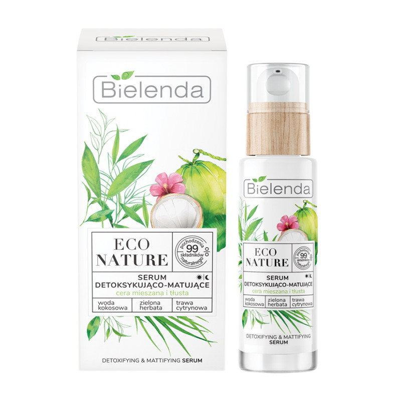 ECO NATURE - Сыворотка для лица матирующая и детоксицирующая - Кокосовая вода + зеленый чай + лимонная трава, 30 мл