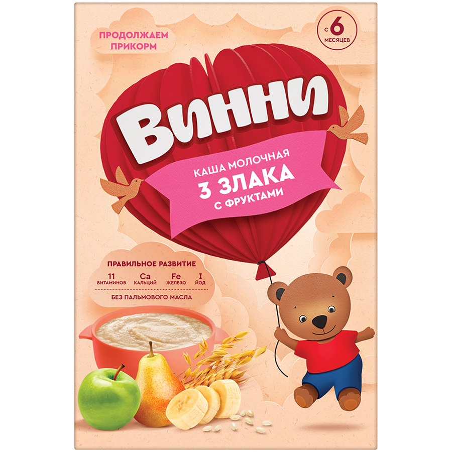 Каша Винни молочная 3 злака с фруктами 200г