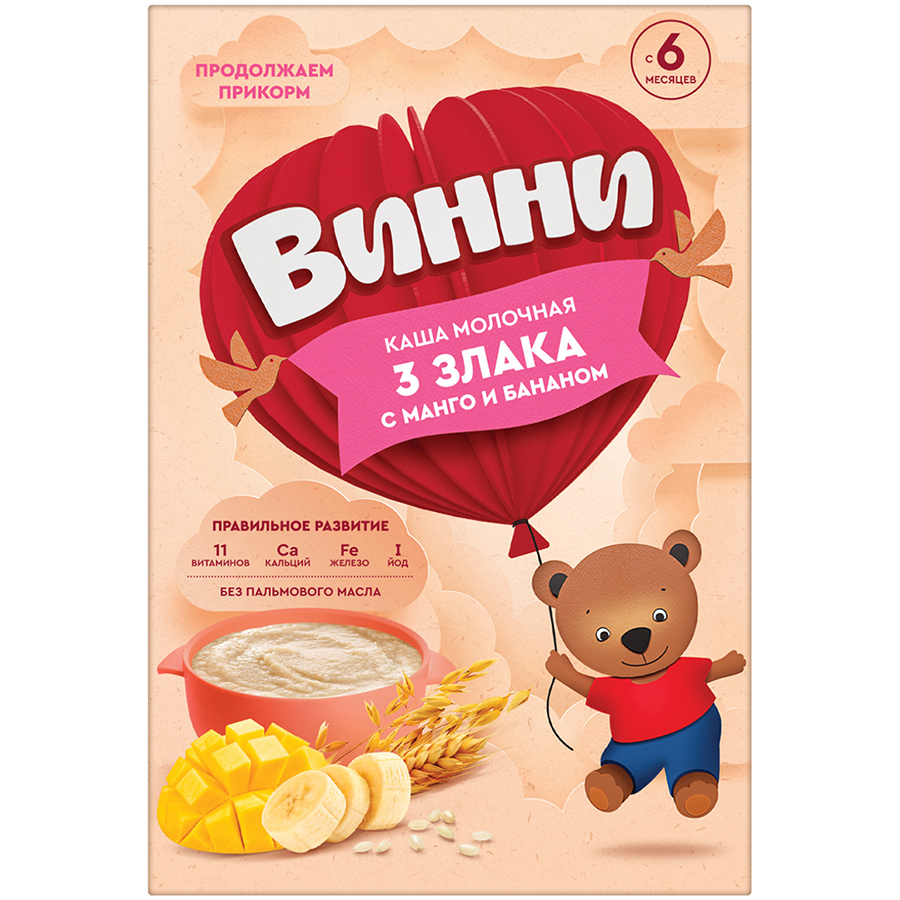 Каша Винни молочная 3 злака с манго и бананом 200г