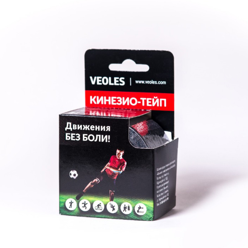 Veoles Кинезио-тэйп с усил.фиксацией, 5см х 5м  1шт рулон черный