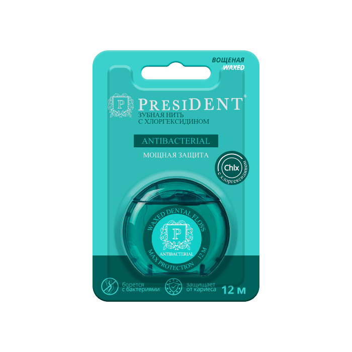 Зуб.нить President Antibacterial с хлоргексидином 12м арт.203