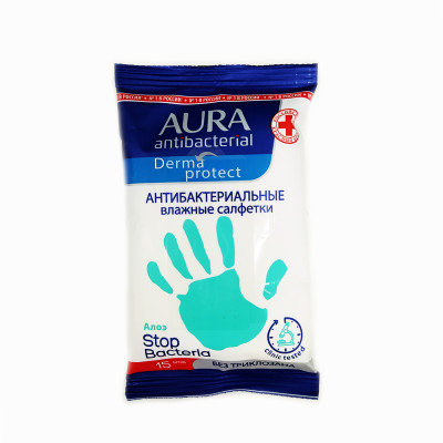 Салфетки влажные антибактериальные алоэ 15шт Aura