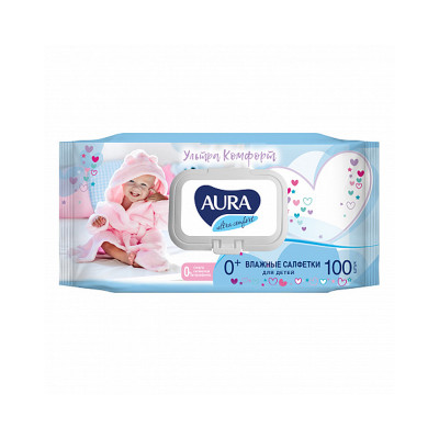 Влажные салфетки для детей Ultra comfort  с экстрактом алоэ и витамином Е 120 шт Aura